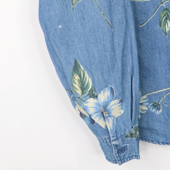 Lemon Grass Vintage Womens Denim Shirt Flower Floral Pattern Long Sleeve Blue L - Picture 3 of 6